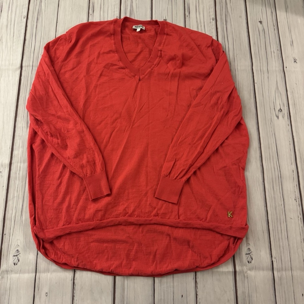 Kenzo Paris Red 100% Wool V-Neck Sweater Women's Large L Longline‎ Knit